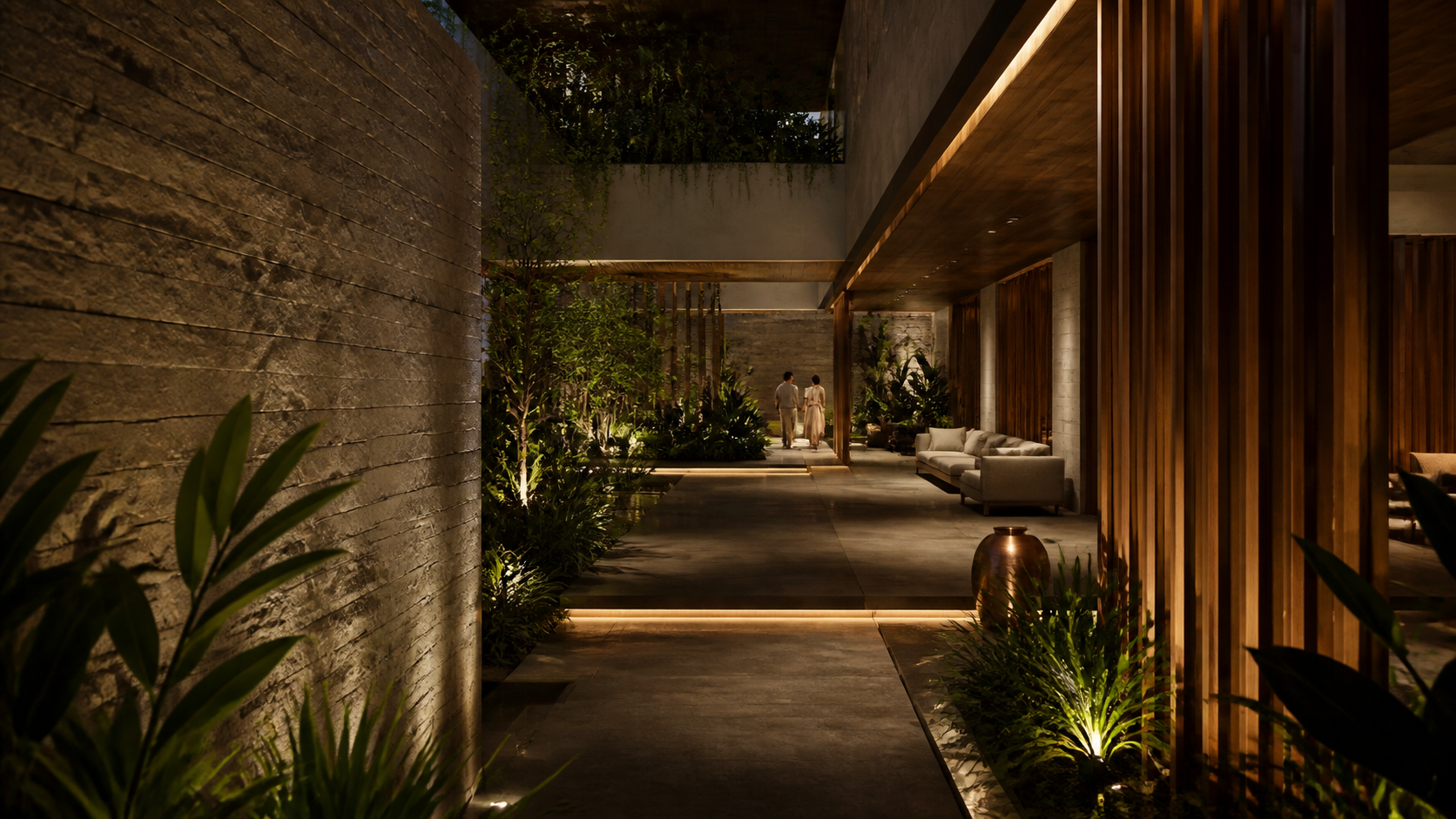 Layered private resort passage at evening